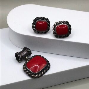 Vintage sterling silver 925 Coral Pendant and Earrings Fine Jewelry Set